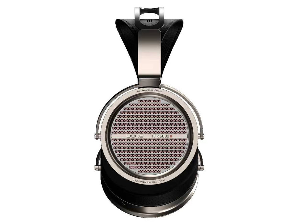 A pair of aune ar5000 MK2 over-ear headphones photographed from the front on a plain white background. The product has a black and silver metallic finish with a mesh-covered driver visible on the front.