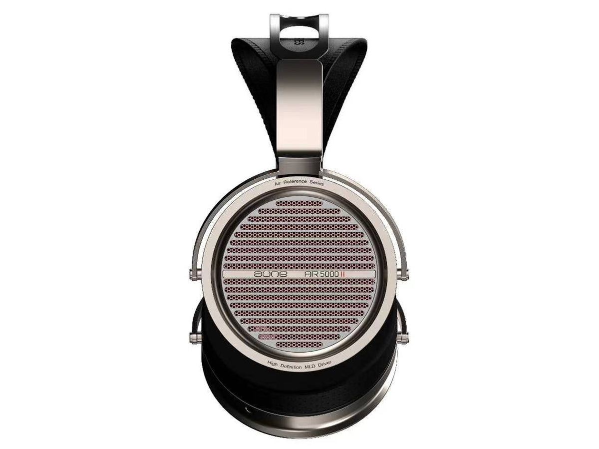 A pair of aune ar5000 MK2 over-ear headphones photographed from the front on a plain white background. The product has a black and silver metallic finish with a mesh-covered driver visible on the front.