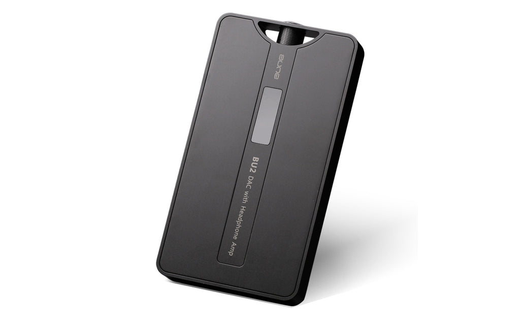 A black BU2 portable headphone amplifier with a built-in phone case, shown at an angle on a white background.