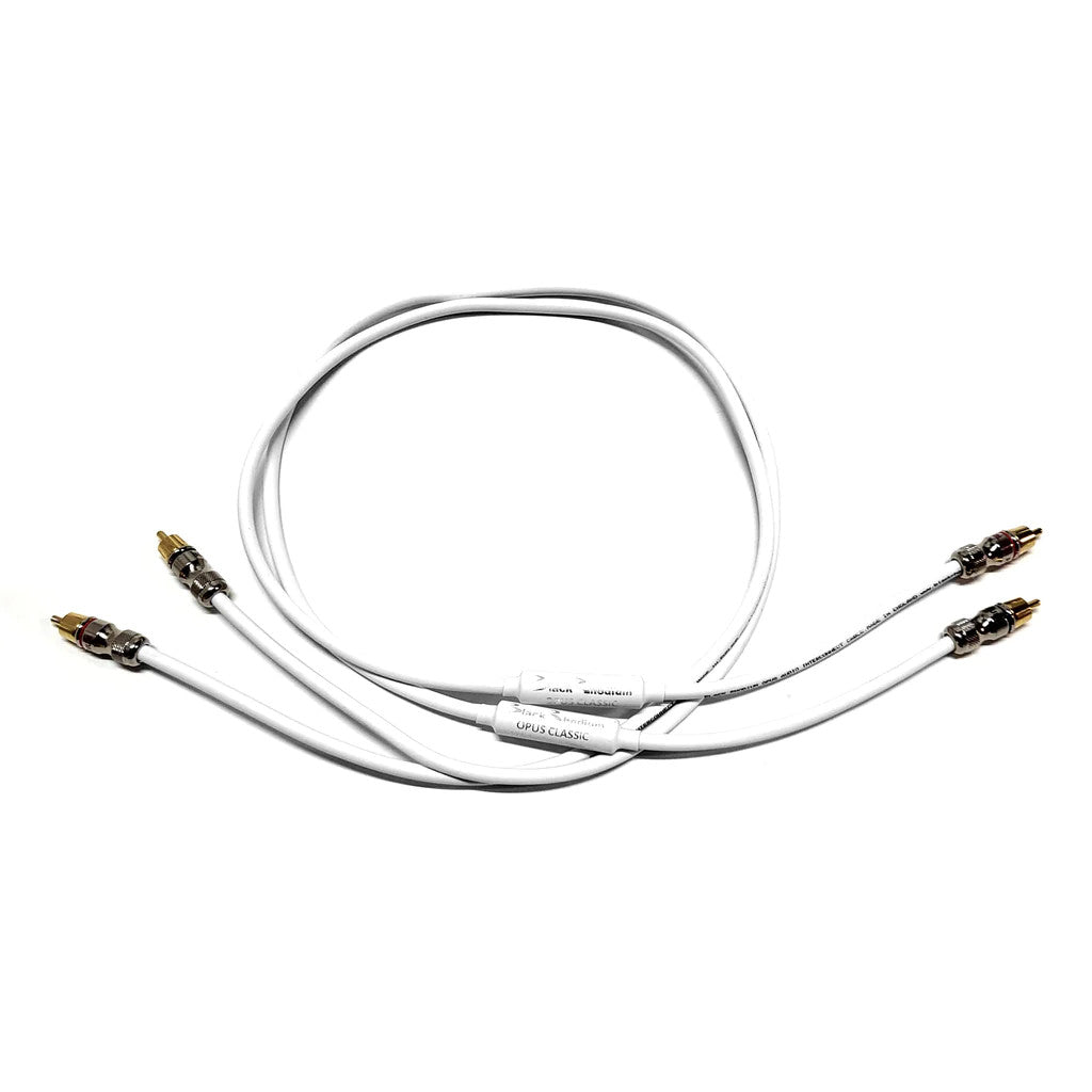 Silver wire interconnect hi-fi cable with black bead end caps and two connector tips