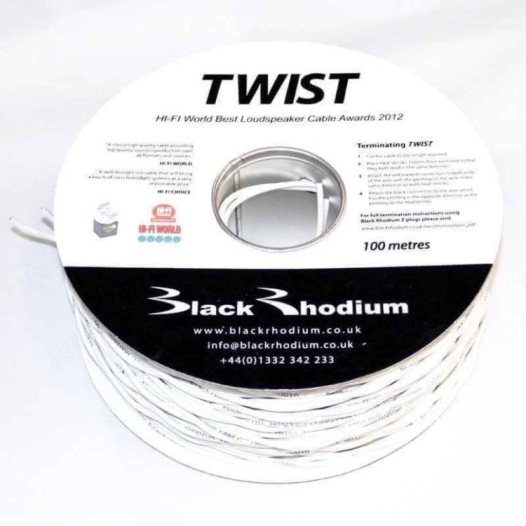 A spool of Black Rhodium's Twist Hi-Fi World Best Loudspeaker Cable Awards 2012 100 metres of Black Rhodium speaker cable, shown on a white background.