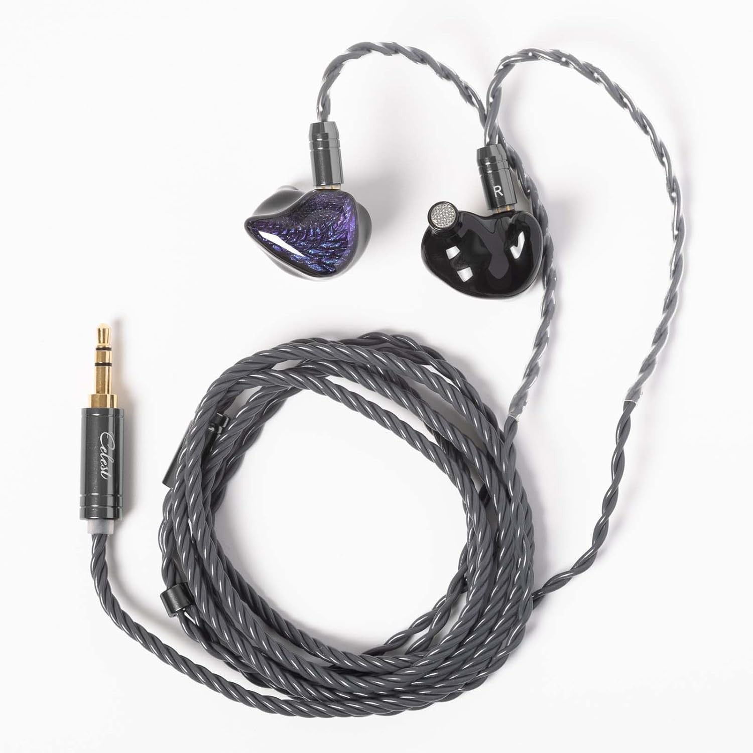 In-ear earphones with purple iridescent shells and braided silver-gray cable