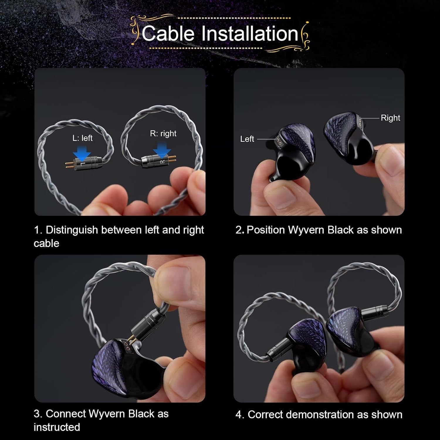 Earphone installation diagram showing left/right earphones and cable connection