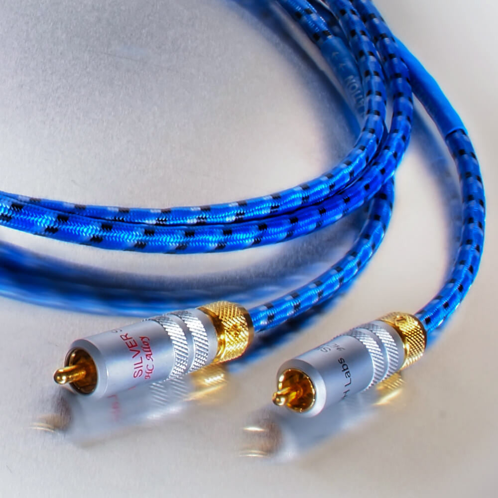 Blue braided interconnect cable set with silver and gold RCA connectors.