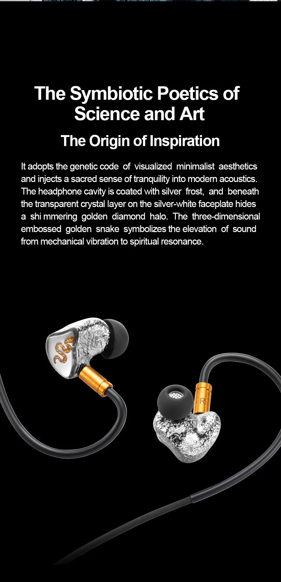 ear acoustic audio golden snake II In-ear headphones with transparent crystal and gold accents on a black background, accompanied by text about their design philosophy.