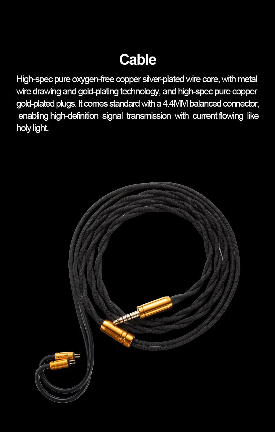 Black cable with gold connectors on a black background, featuring text about the cable's specifications.