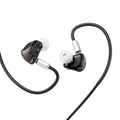 Black in-ear gaming earbuds with red/gray patterned housings and wired cable