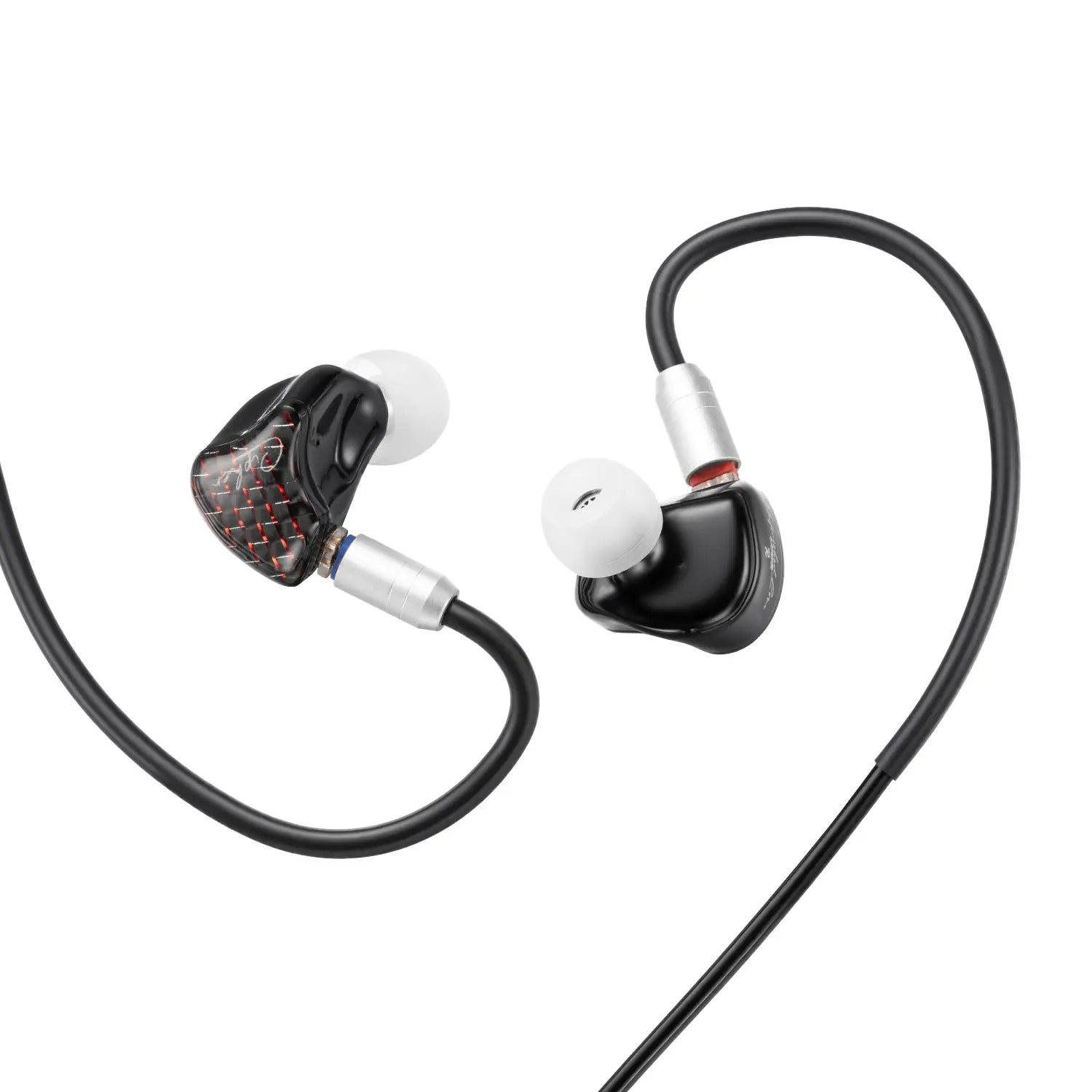 Black and silver in-ear wireless headphones with white ear tips and a textured patterned side cover, shown on a clean white background.