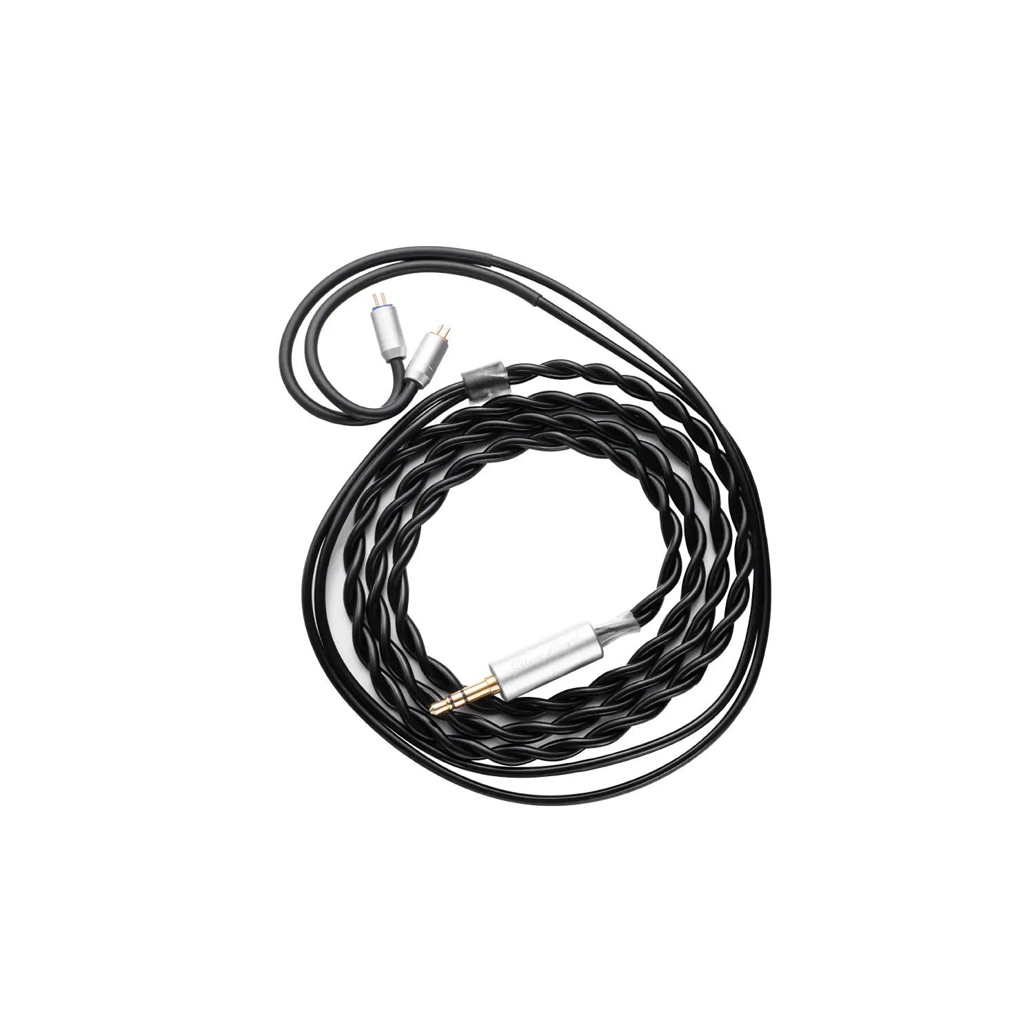 A coiled black wired audio adapter with silver metal connectors and a gold-plated tip, shown on a plain white background.