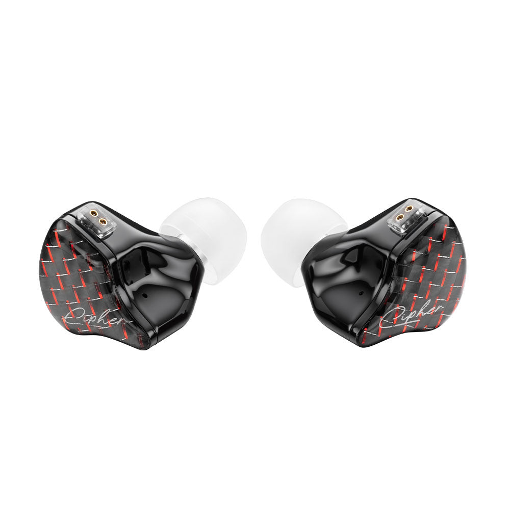 A pair of in-ear monitors with glossy black housings, red geometric line patterns, and white silicone ear tips, shown on a plain white background.