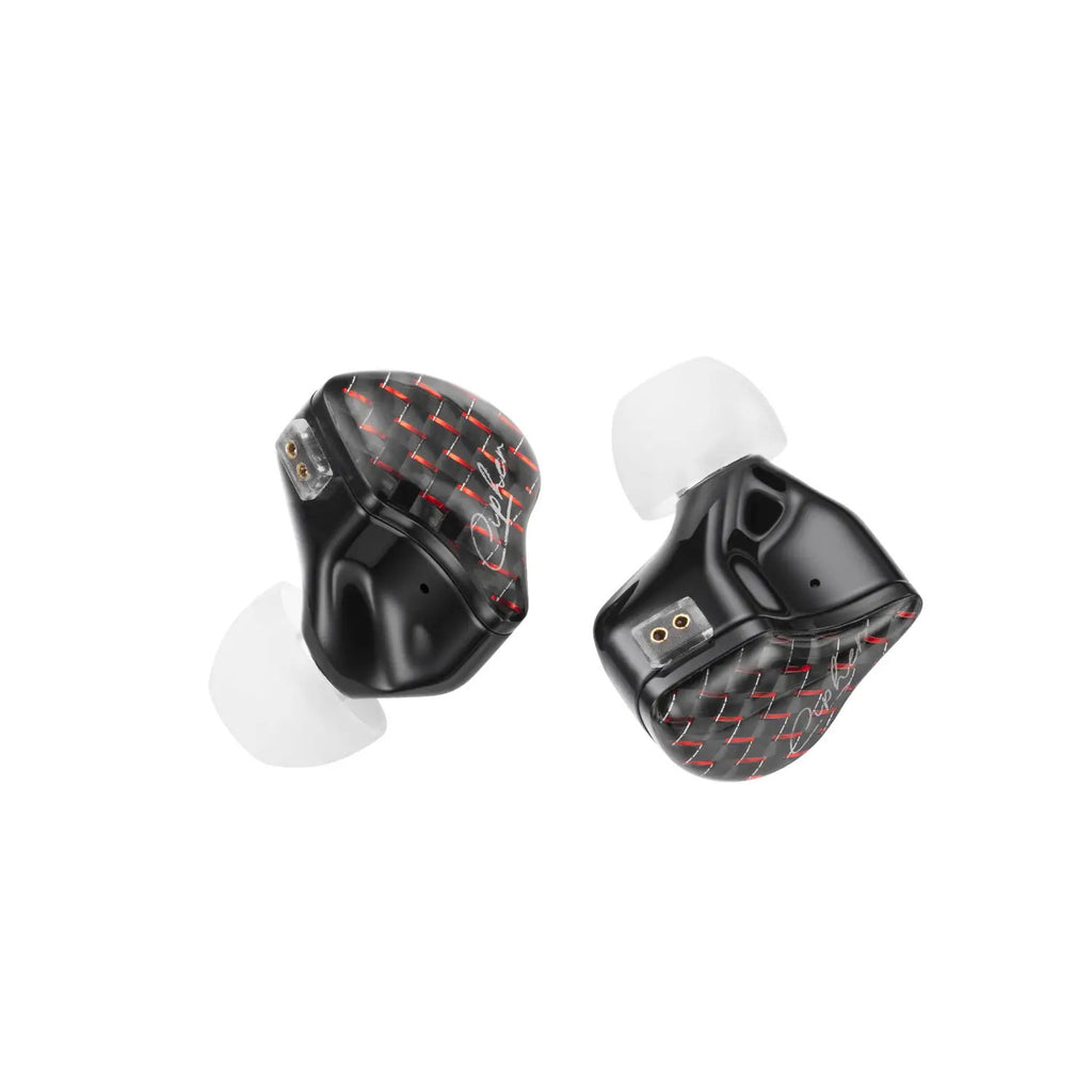 Black in-ear earbuds with white silicone tips and red crosshatch grille accents