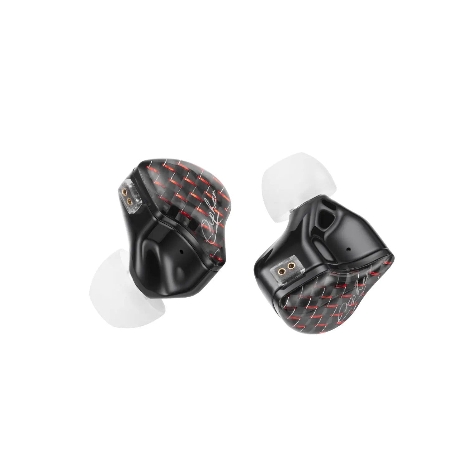 Two black in-ear wireless earbuds with a carbon fiber pattern and red stitched accents, shown with white silicone ear tips on a solid white background.