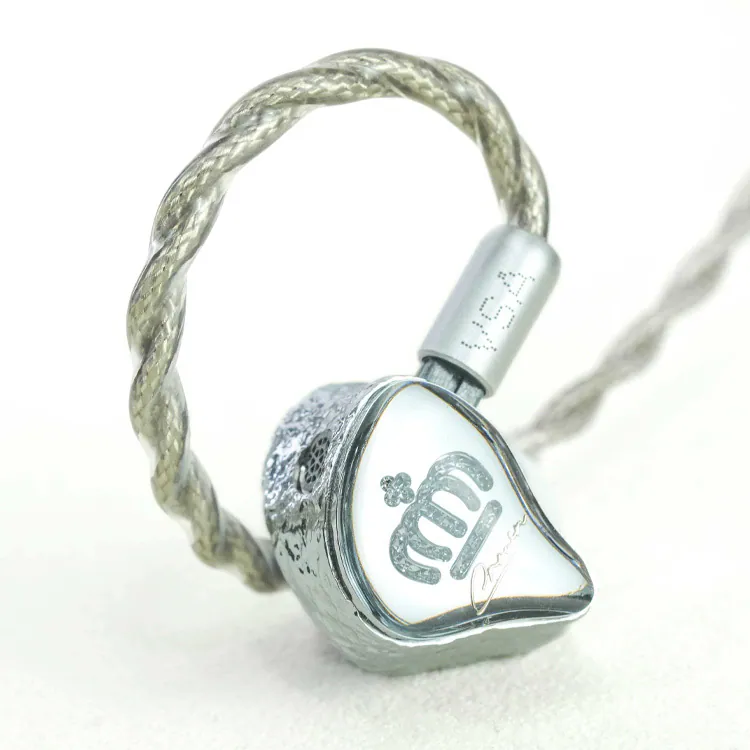 EarAcoustic Audio Crown VSA-PM IEM earbud with chrome faceplate, embossed emblem, braided cable