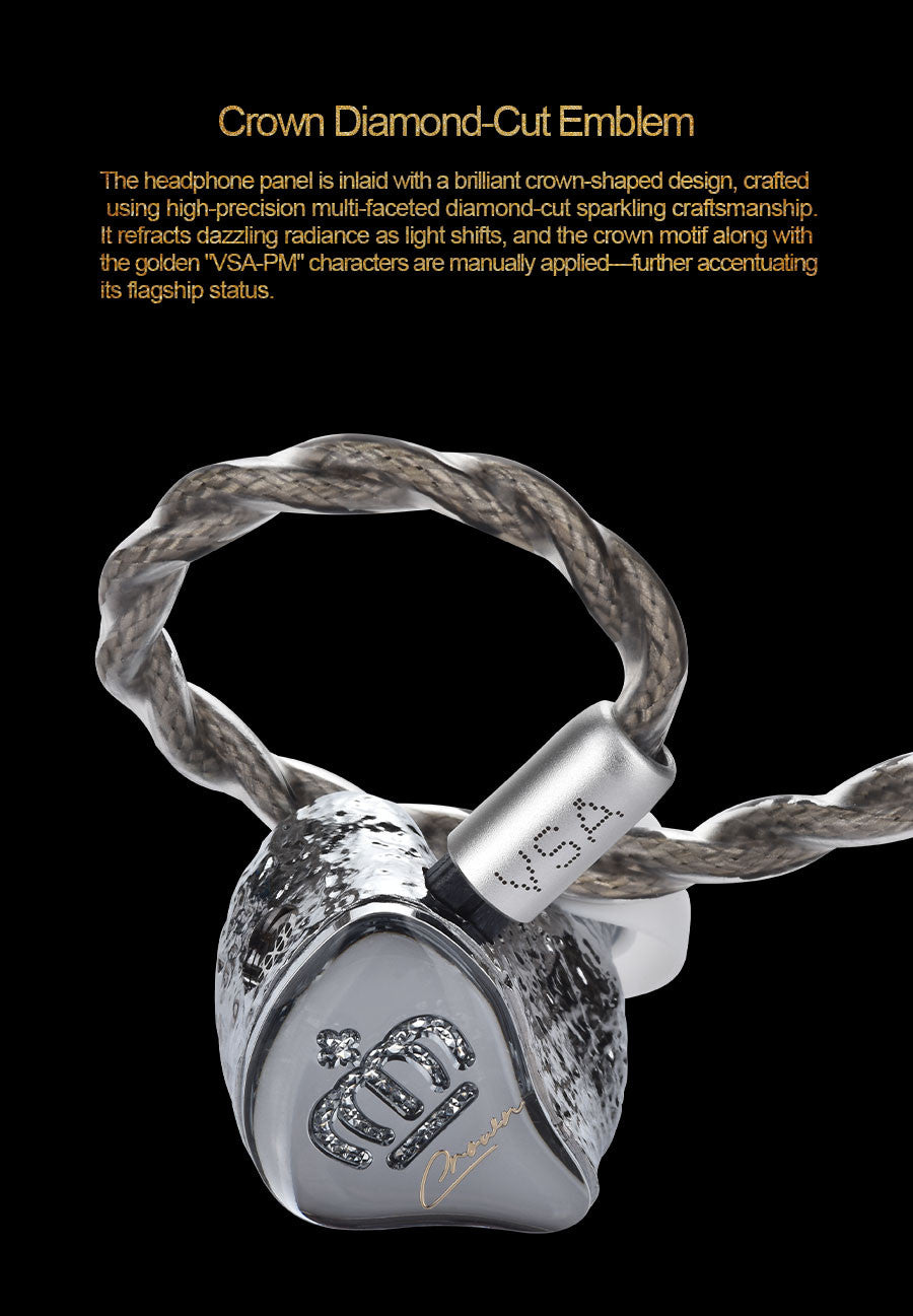 EarAcoustic Audio Crown VSA-PM IEM earbud close-up with silver crown emblem and braided cable