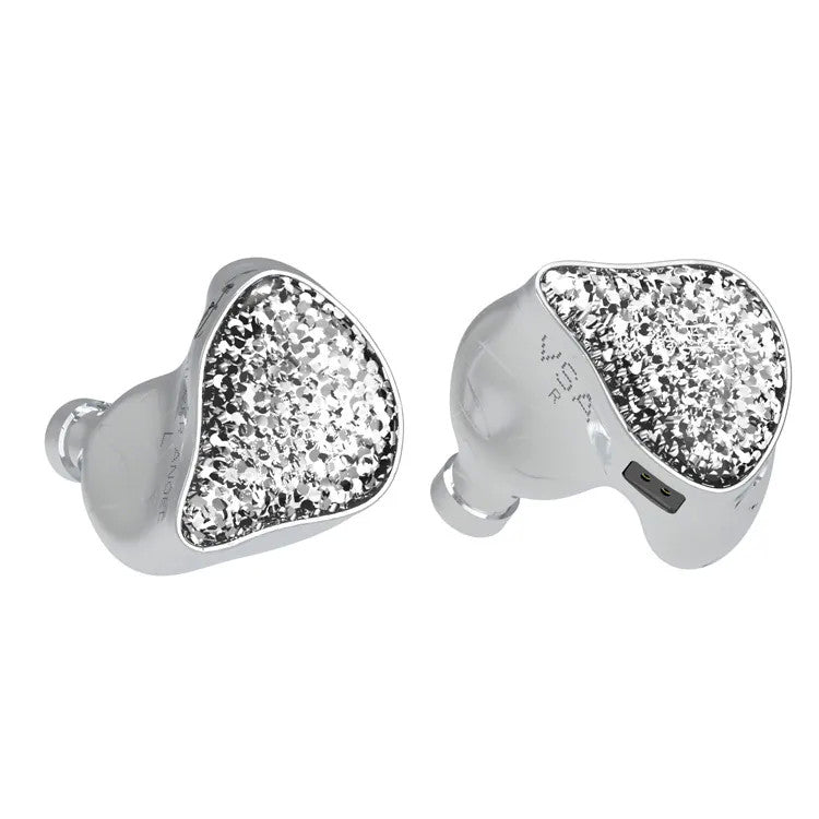 A pair of silver in-ear monitors with textured, crystal-like diamond-patterned ear tips, shown from front and side angles on a plain white background.