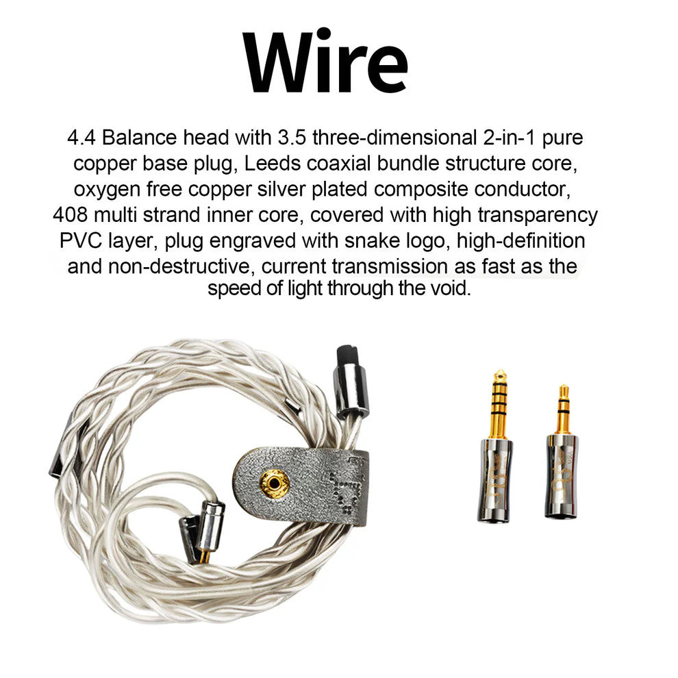 A coiled silver and earacoustic audio white audio cable with two gold-and-silver 3.5mm plug connectors, shown on a white background with descriptive text about the wire and plug specifications.
