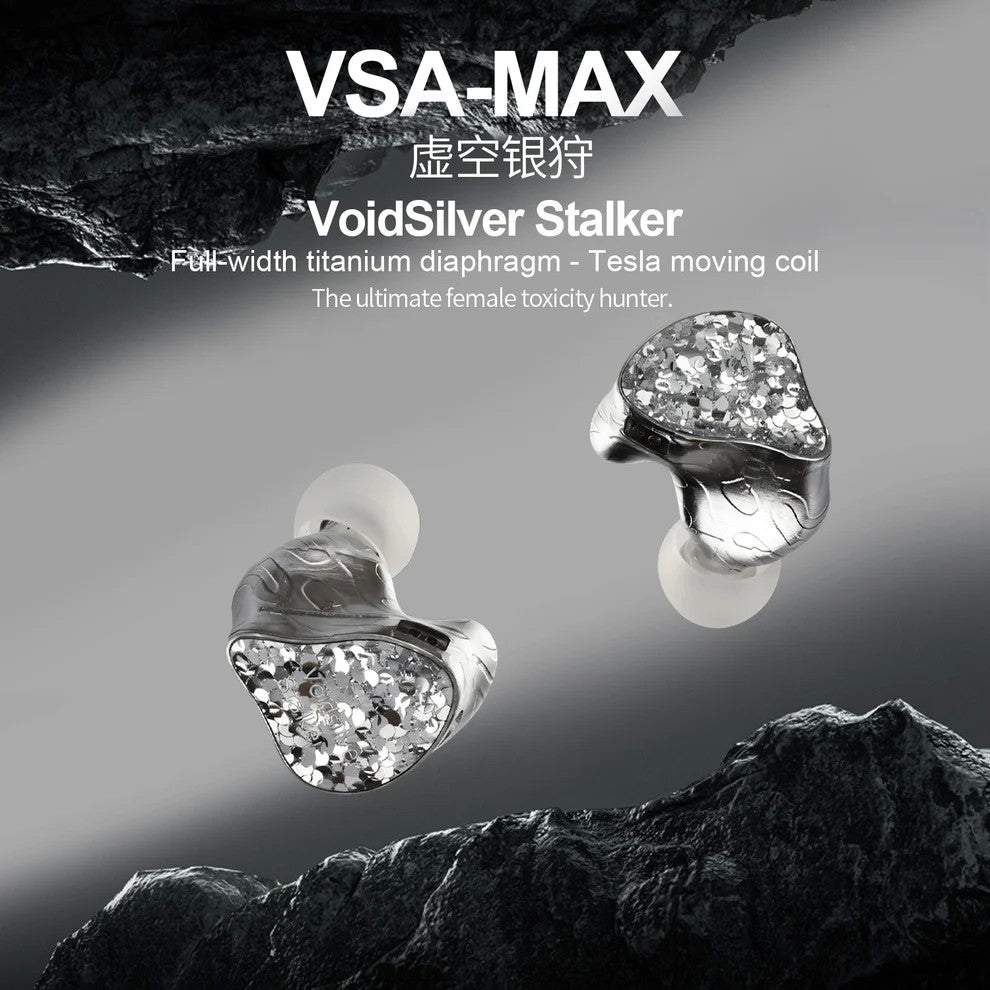 VSA-MAX VoidSilver Stalker earbuds on a rocky background