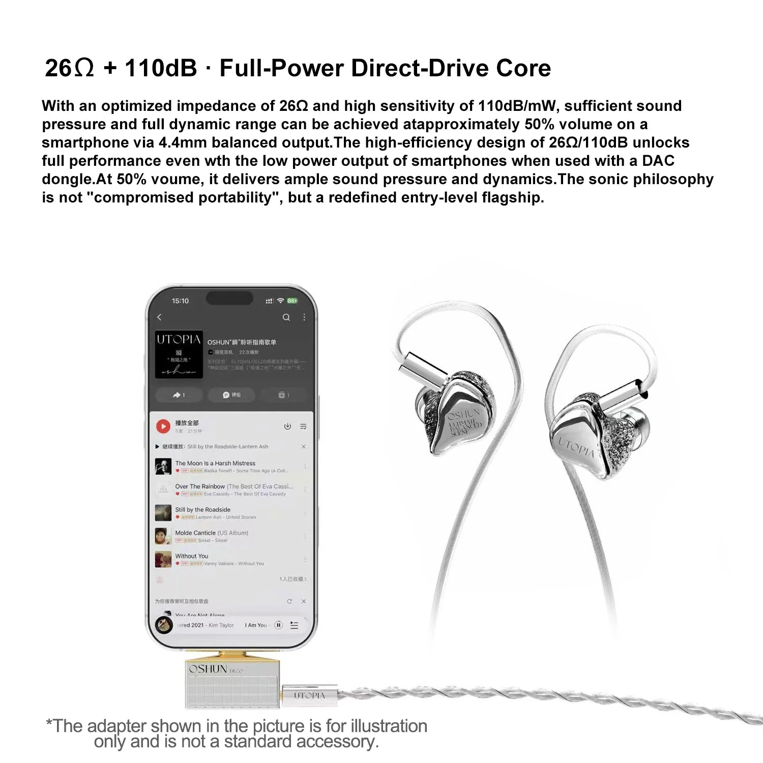 In-ear headphones with smartphone displaying music app interface on a white background