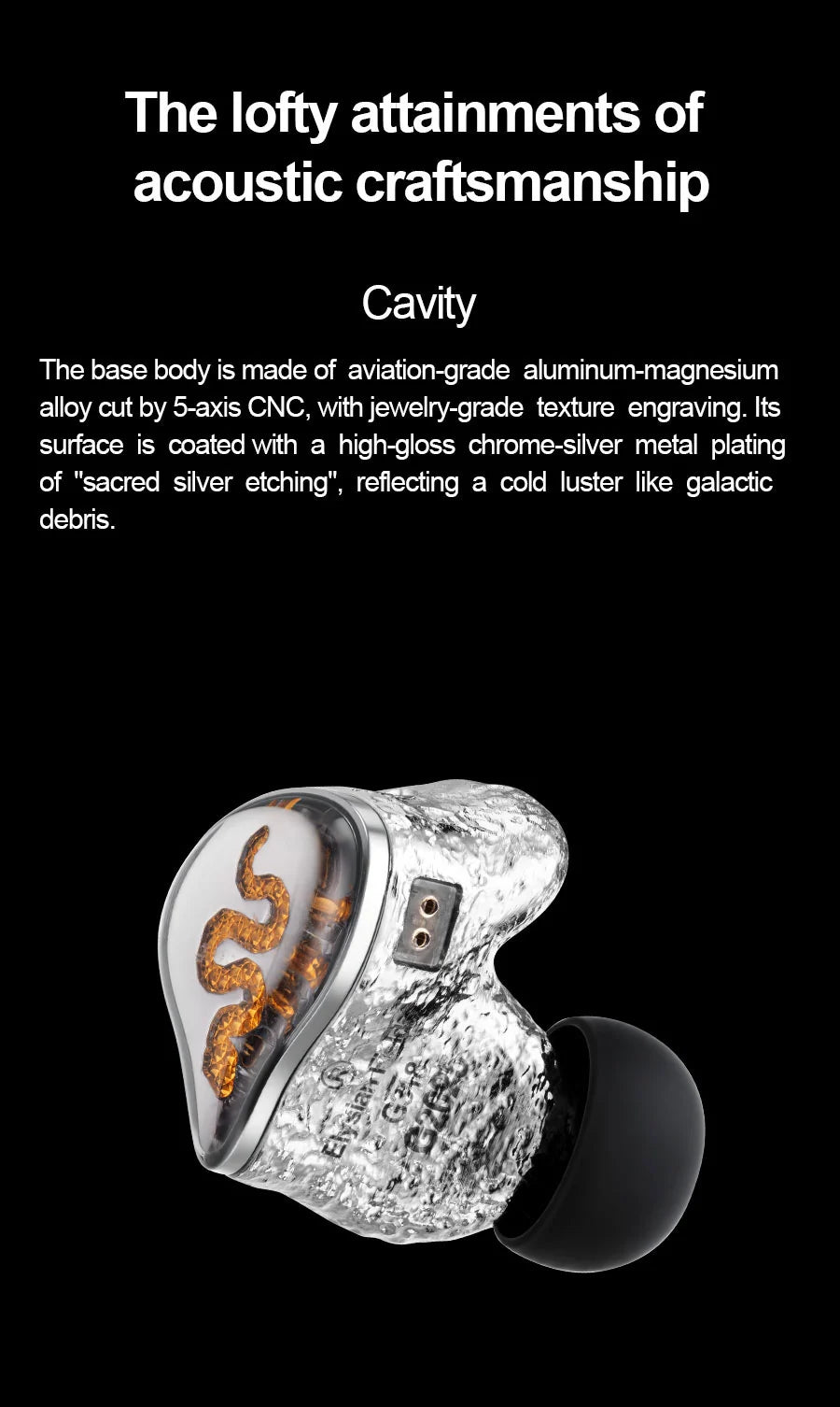 ear acoustic audio In-ear monitor with metallic finish and text about acoustic craftsmanship on a black background