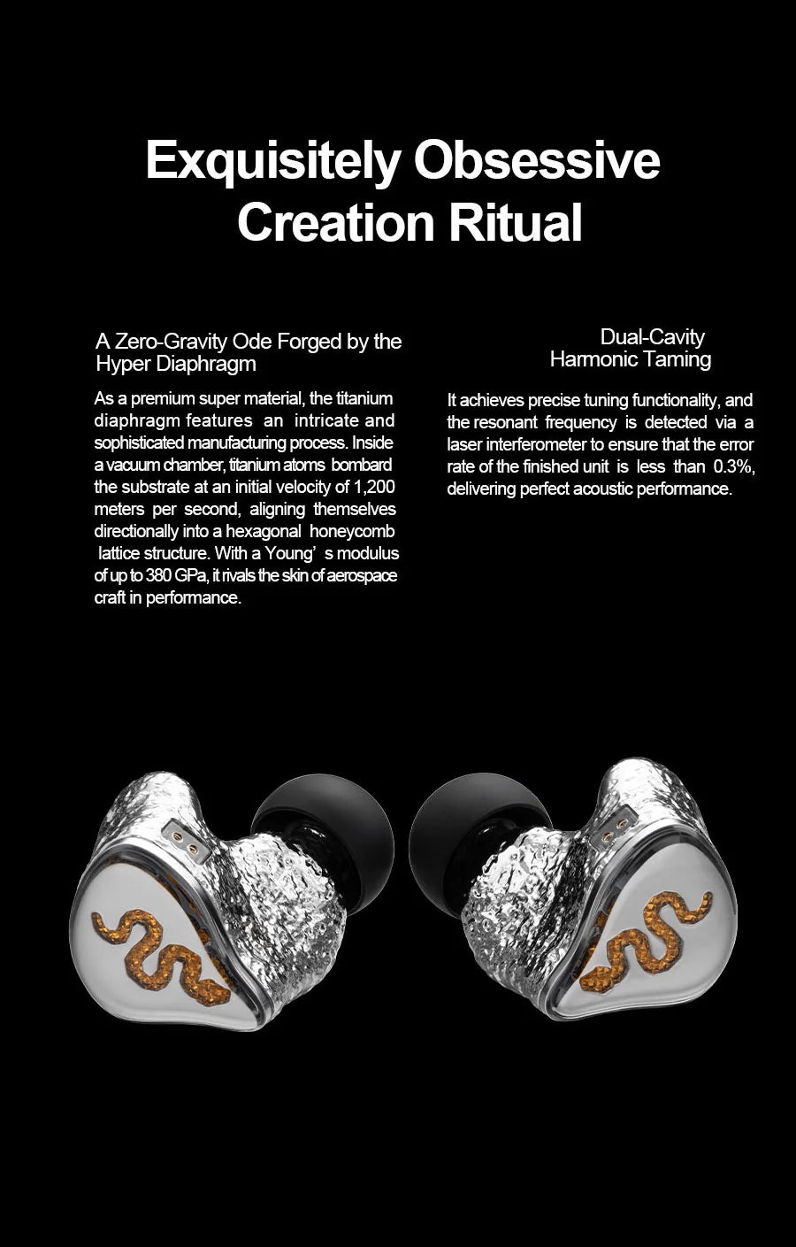 High-end earacoustic golden snake II earbud with detailed text on a black background