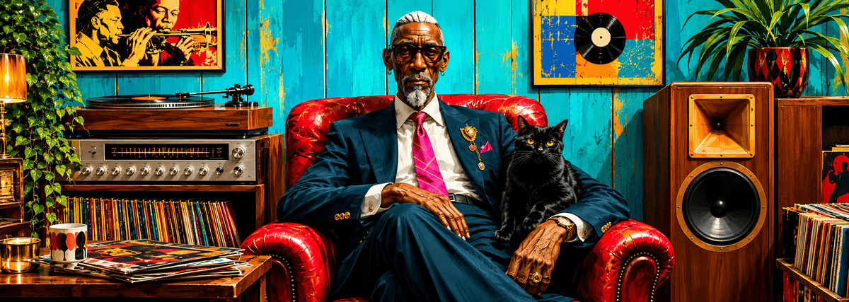 A man in a dark blue suit and pink tie sits in a red armchair holding a black cat, set in a retro-styled room with a turquoise wall, speakers, records, and framed art.
