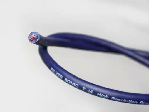 Blue speaker cable with T-14 label on the connector end