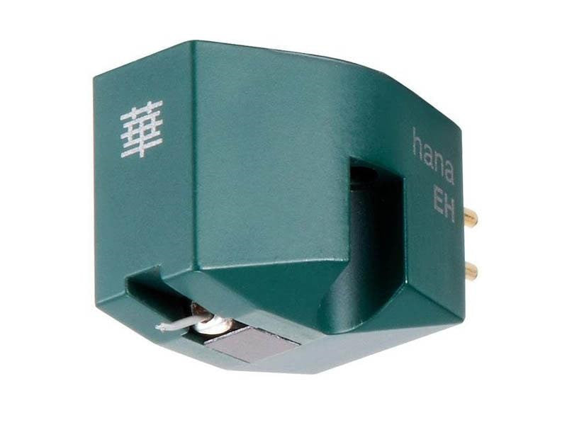 A dark green Hana EH vinyl record needle cartridge on a plain white background, showing the brand name 'hana EH' and a Chinese character on its side.