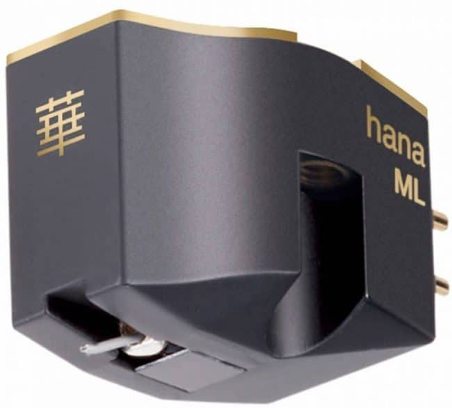 A Hana ML turntable cartridge shown in a close-up studio shot against a white background. The cartridge features a matte black body with gold accents, including a gold Chinese character on the left and 'hana ML' printed on the right.