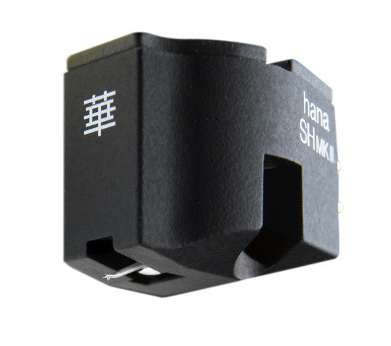 A black Hana SHMKIII turntable cartridge with a white Japanese character on one side and 'hana SHMKIII' printed on the other, shown on a plain white background.