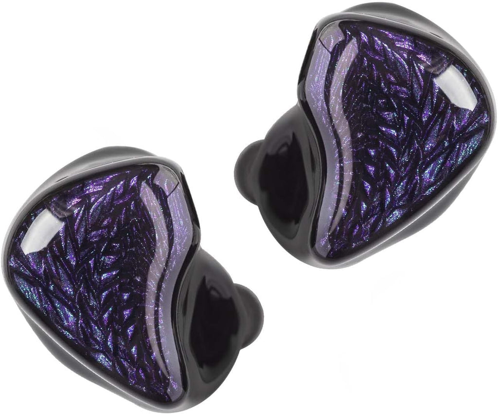 Black in-ear earphones with purple iridescent textured faceplates