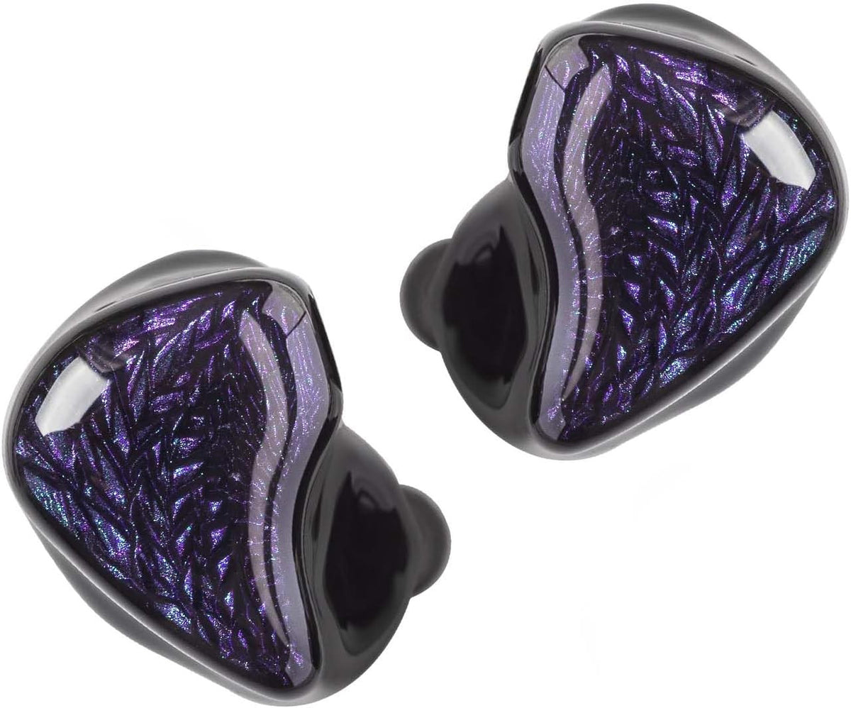 Black in-ear earphones with purple iridescent textured faceplates