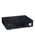 Black DAC and headphone amplifier with volume knob and front audio jacks