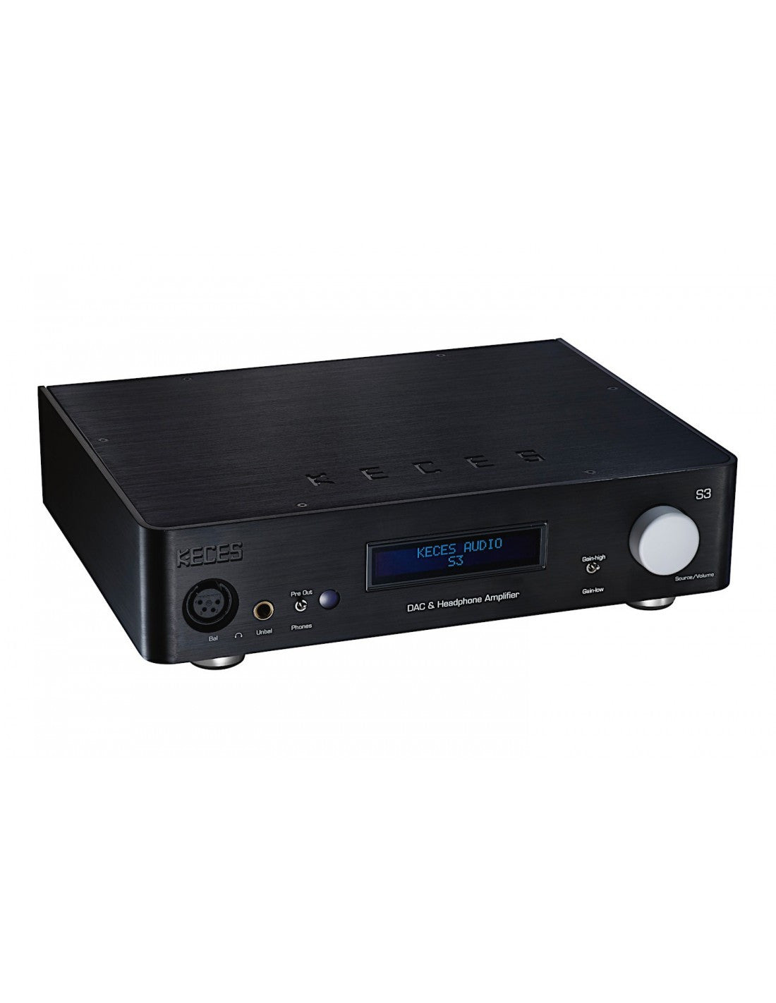 Black DAC and headphone amplifier with volume knob and front audio jacks