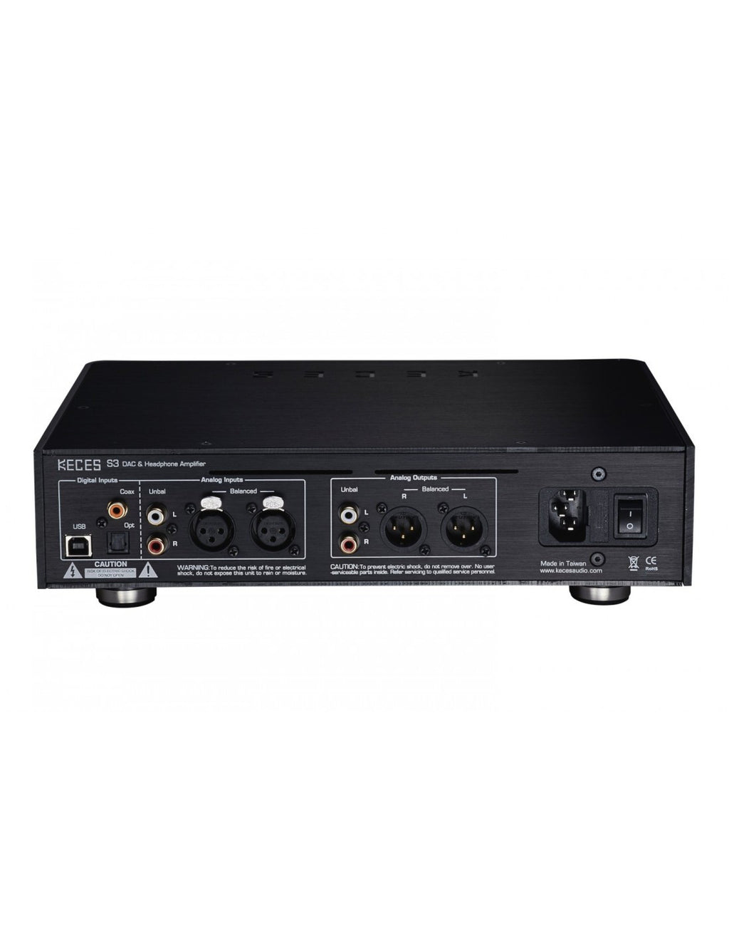 Black DAC and headphone amplifier rear panel with multiple audio ports and switches