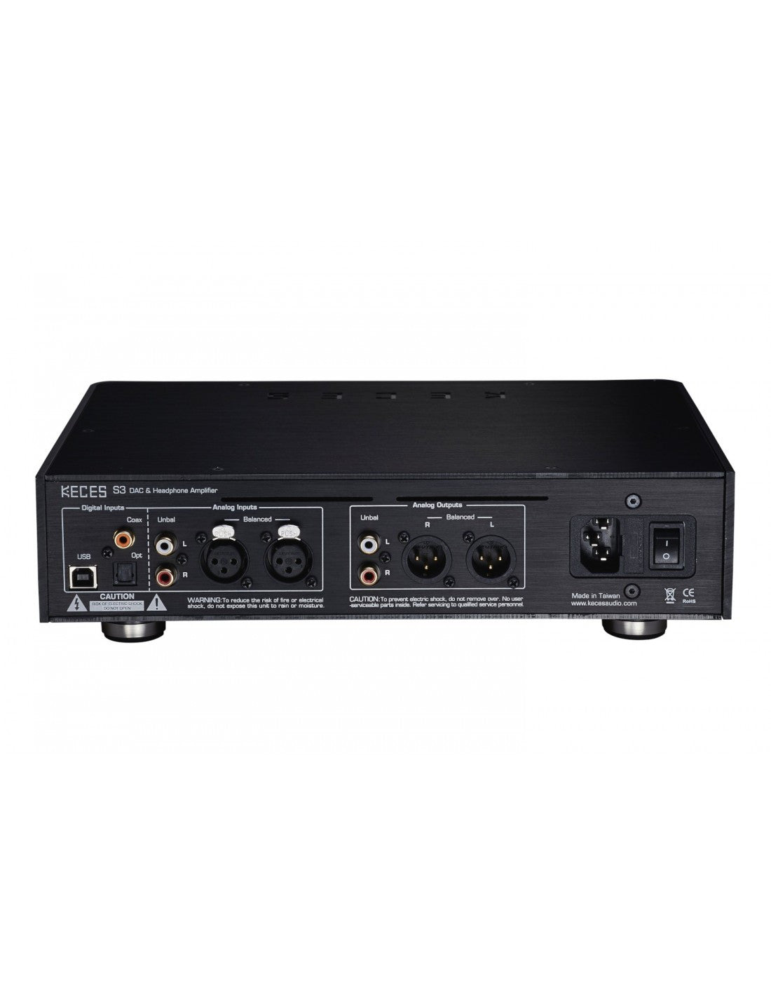 Black DAC and headphone amplifier rear panel with multiple audio ports and switches