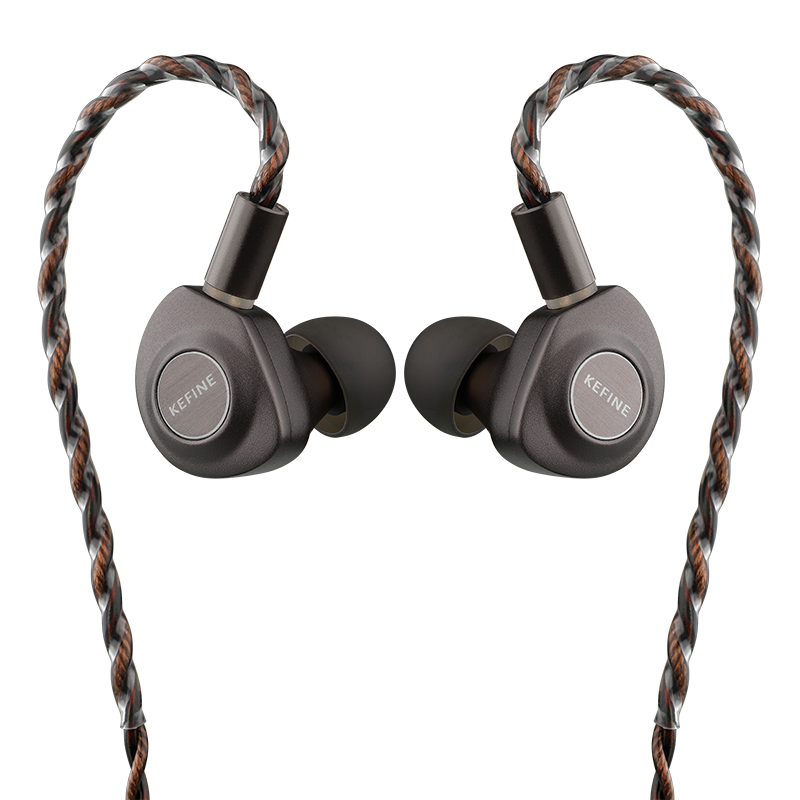 A pair of KEFINE in-ear headphones with dark gray and black bodies, featuring a braided brown and copper cable, shown against a solid white background.