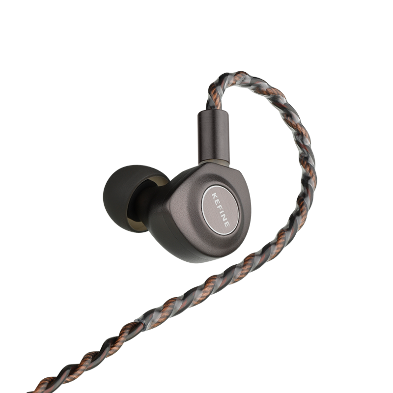 A single in-ear monitor earbud in a dark metallic gray finish with a braided copper and black cable, shown on a solid white background. The brand name 'KEPLANG' is visible on the earbud's faceplate.
