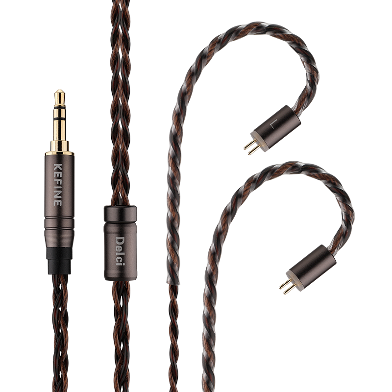 A high-end audio cable by Kefine, featuring a braided brown and black twisted design, a gold-plated 3.5mm jack, and magnetic connectors, shown on a clean white background.