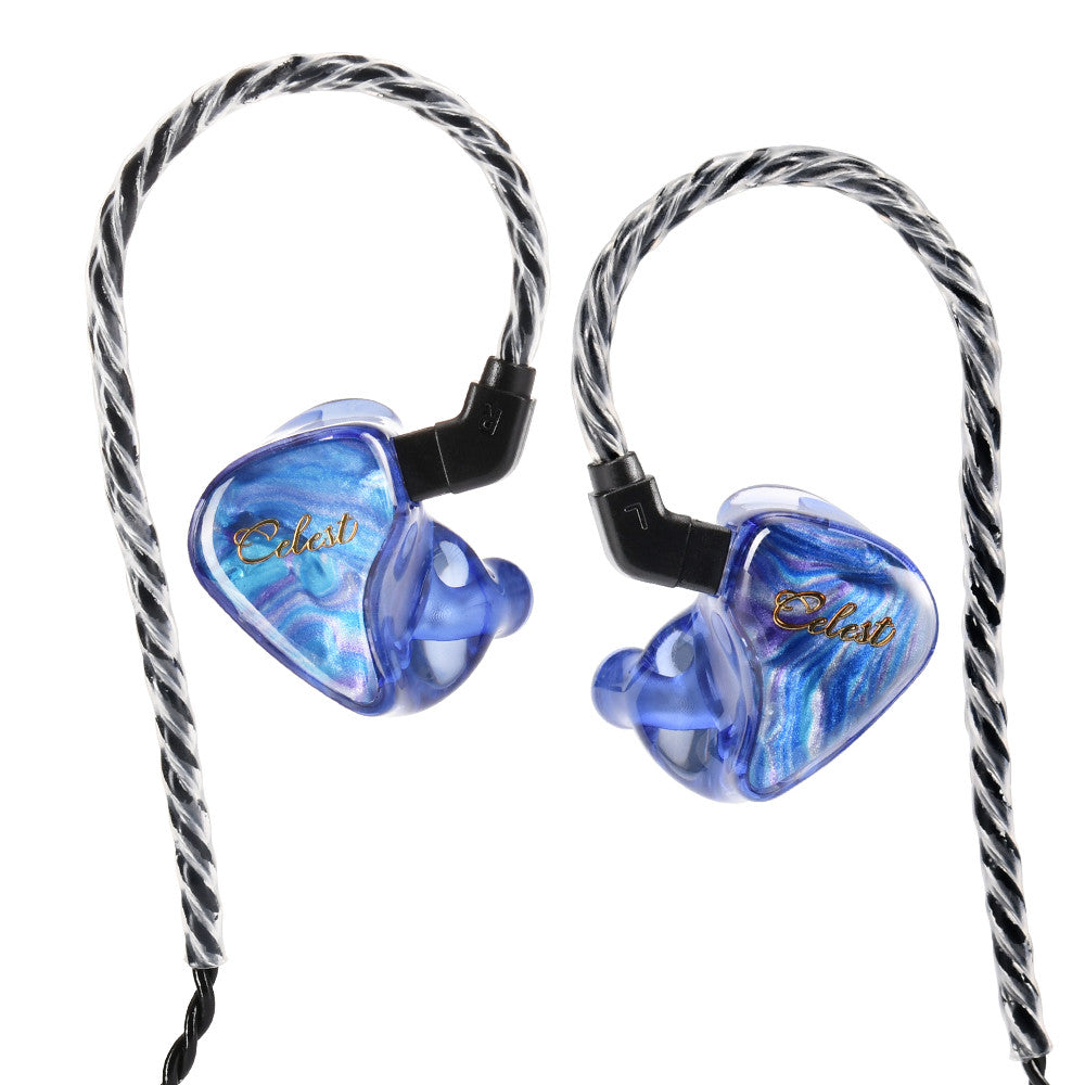 Blue in-ear monitor earbuds with braided cable and black connector housings
