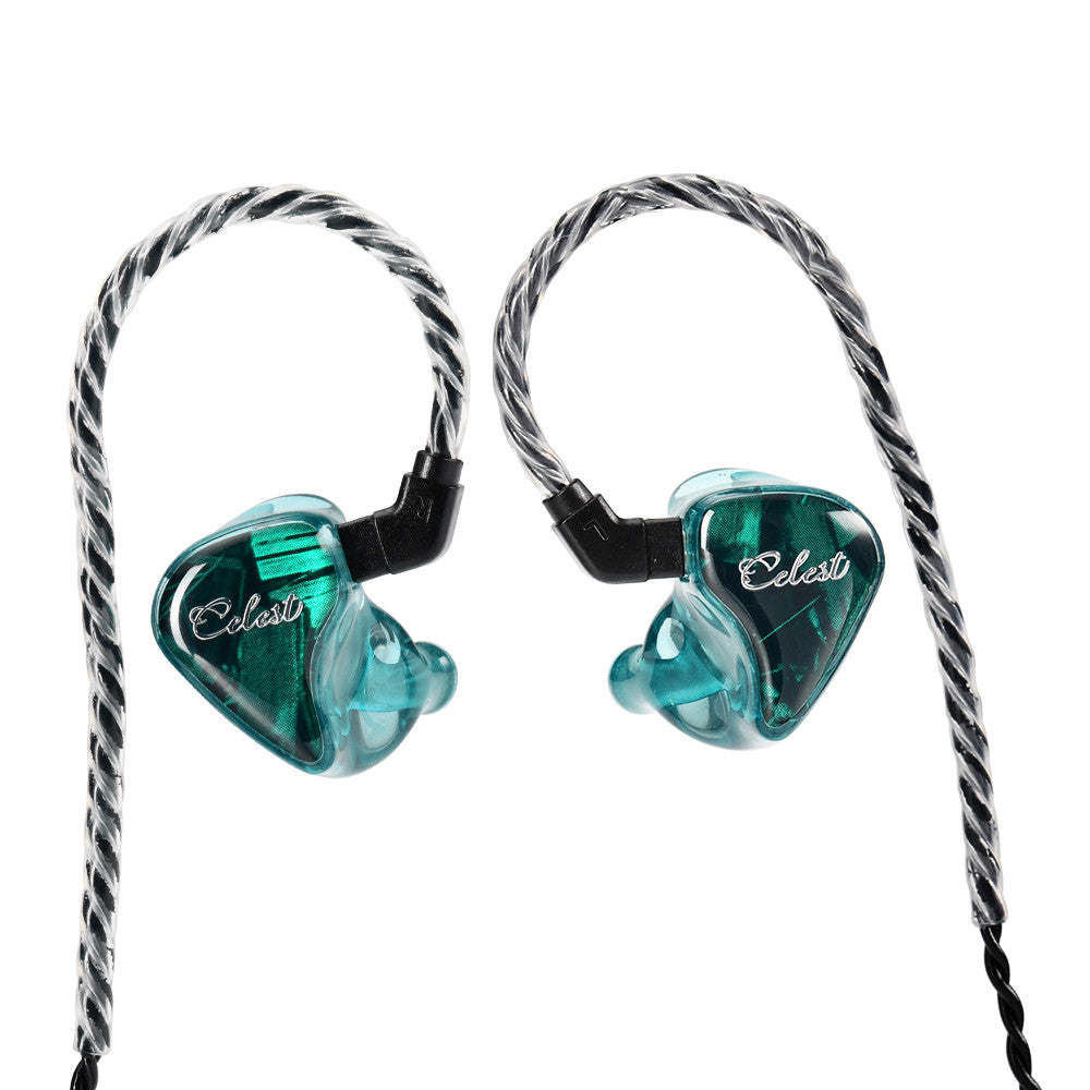 Green in-ear monitor earbuds with braided cable and blue-green transparent shell