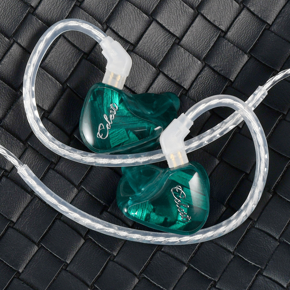 Green in-ear monitor earbuds with clear cable and transparent teal ear shells