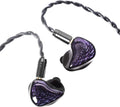 Black in-ear earphones with purple iridescent faceplate and braided cable