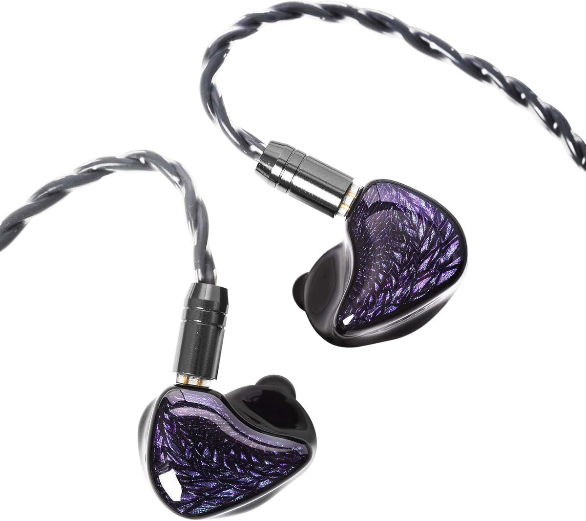 Black in-ear earphones with purple iridescent faceplate and braided cable