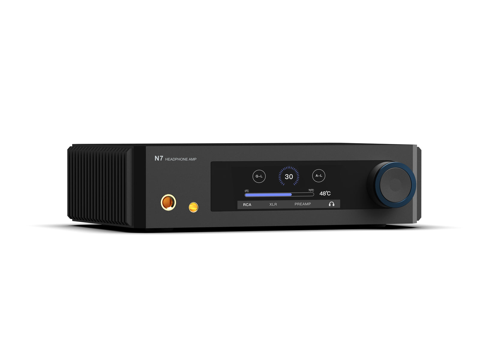 A black aune N7 headphones amp receiver with a digital display screen, a large blue-rimmed volume knob, and a gold RCA jack, shown on a clean white background.