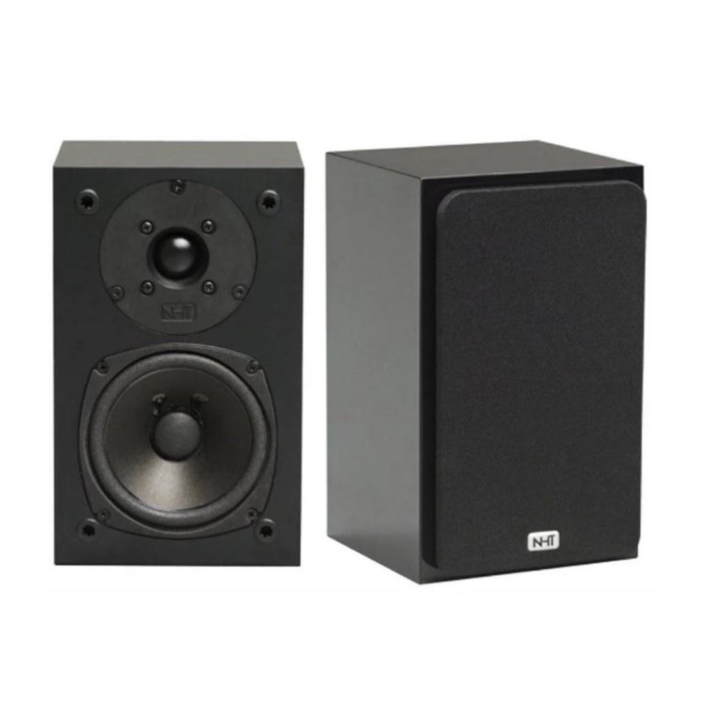 Pair of NHT mini monitor speakers, black front woofer and side view