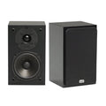 Pair of NHT mini monitor speakers, black front woofer and side view