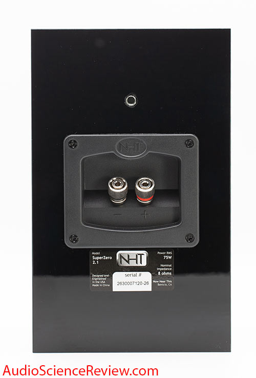 NHT 2.1 mini monitor speaker back panel with dual binding posts and labels