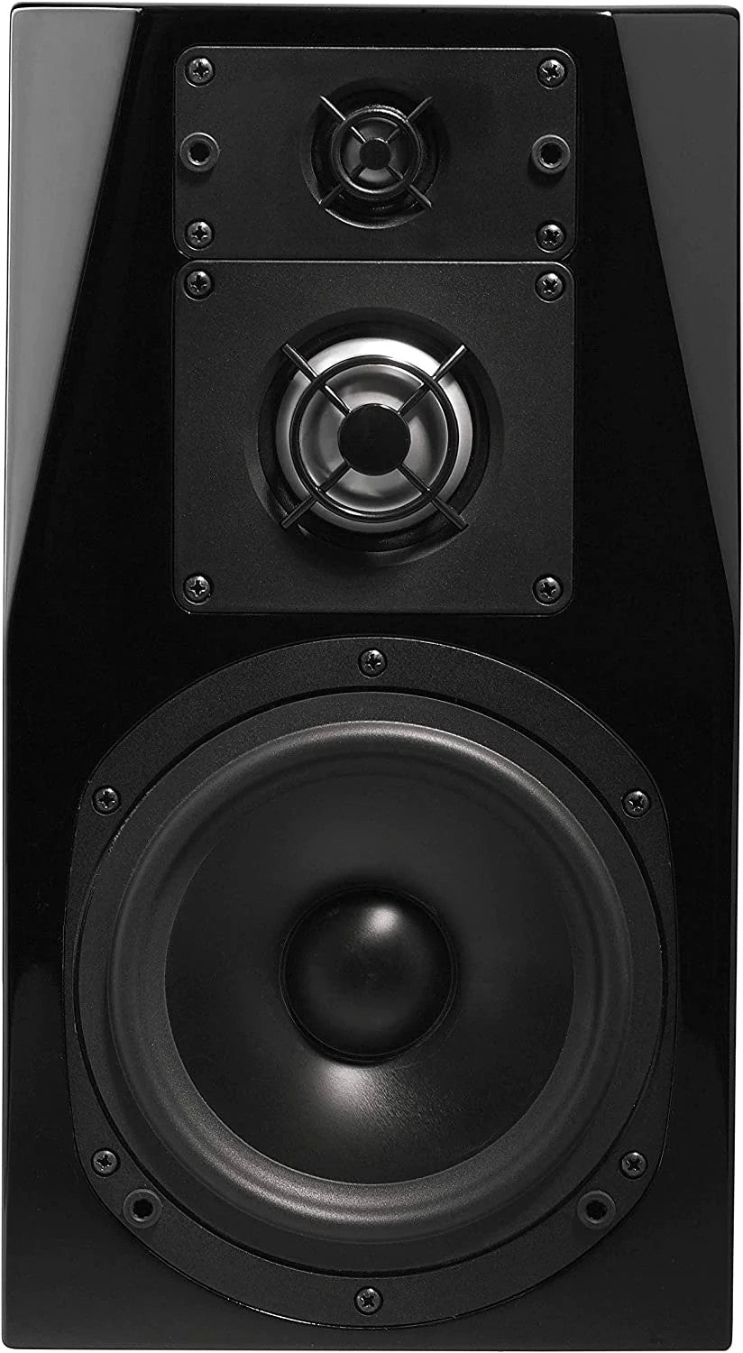 Black NHT C3 stand-mount loudspeaker front close-up with tweeter and large aluminium woofer