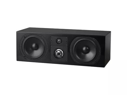 Front view of the NHT C3 center channel speaker with two woofers and central badge, black