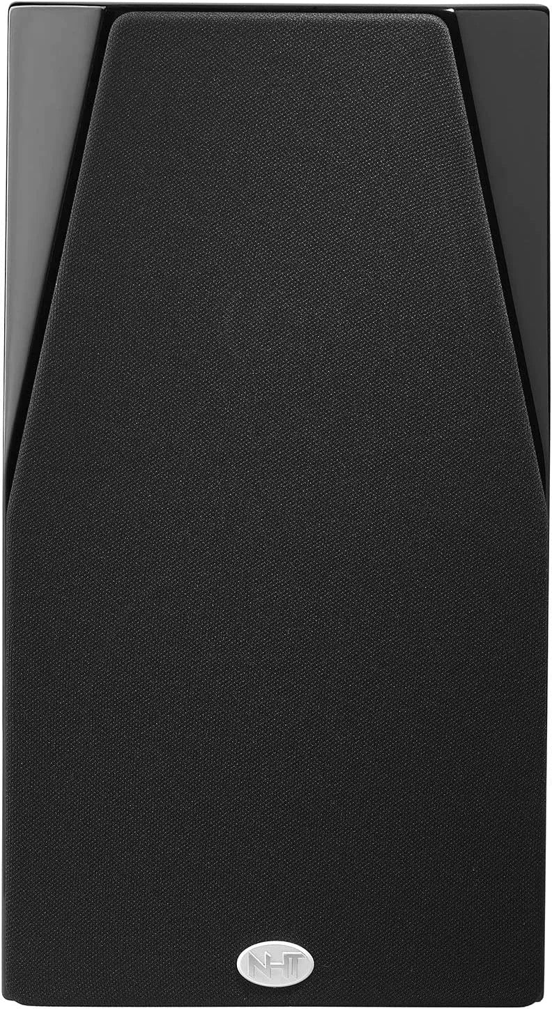 Black  NHT C3 stand-mount loudspeaker side view with textured grille and NHT badge
